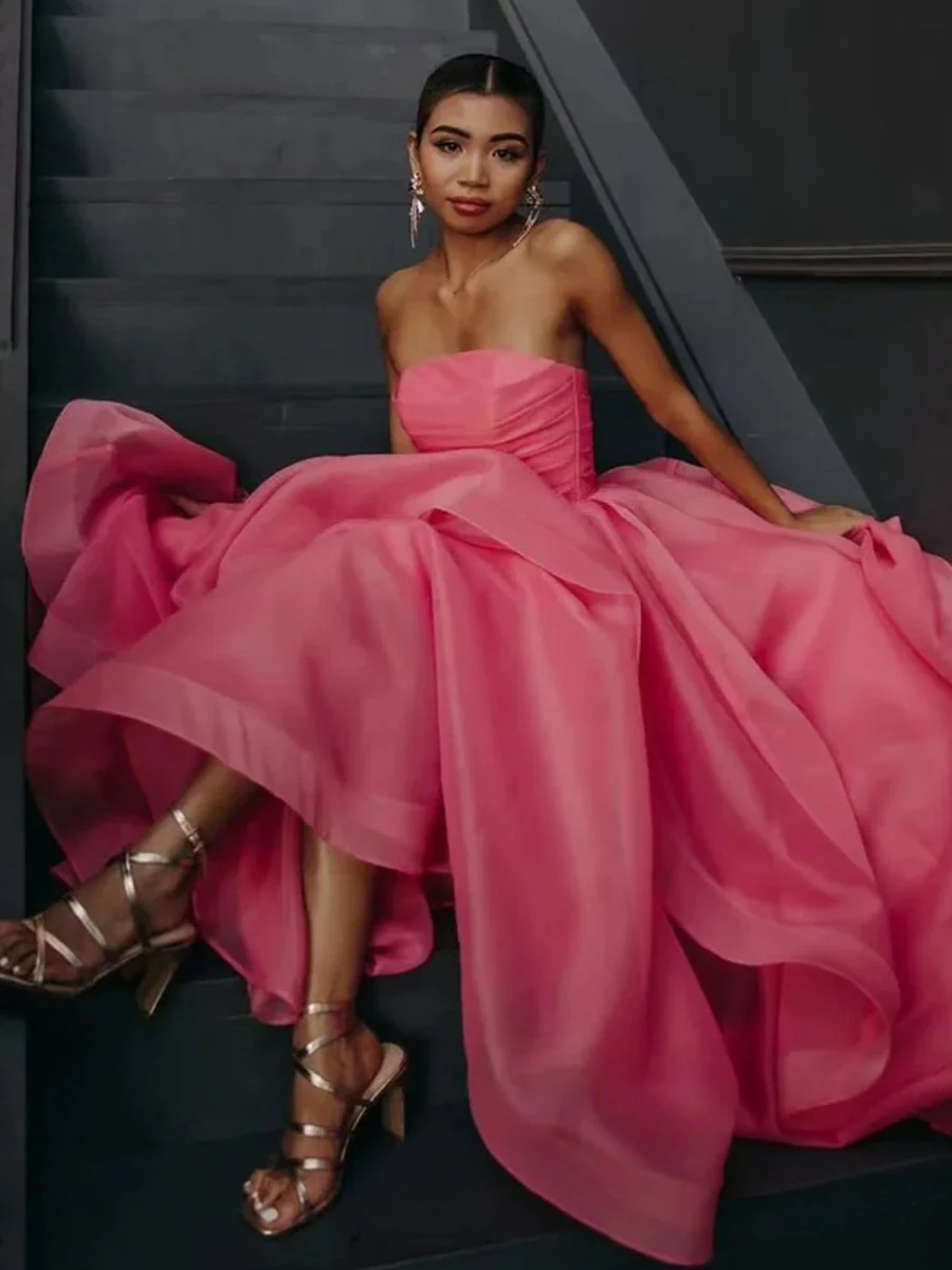 Elisa |Light Pink A Line Strapless Organza Prom Dress