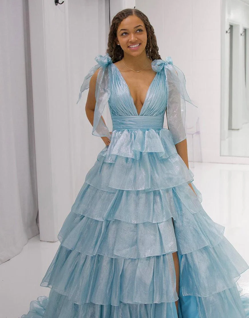 August | Glitter Tie Straps Pink Plunging Neck Tiered Long Prom Dress