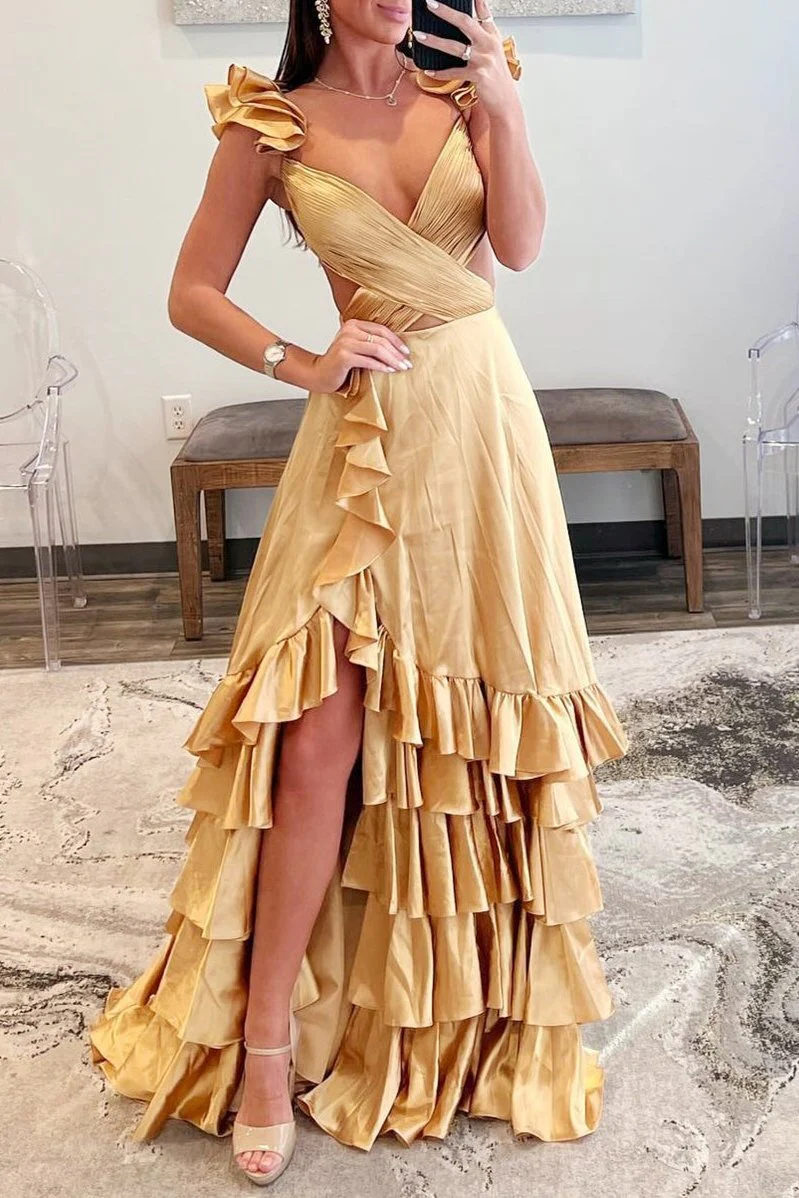 Brittany | Red Cutout Ruffle A-Line Long Prom Dress with Slit