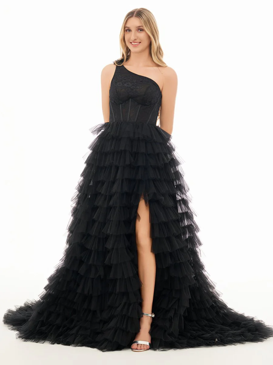 Kinsley | A Line One Shoulder Tiered Long Prom Dress