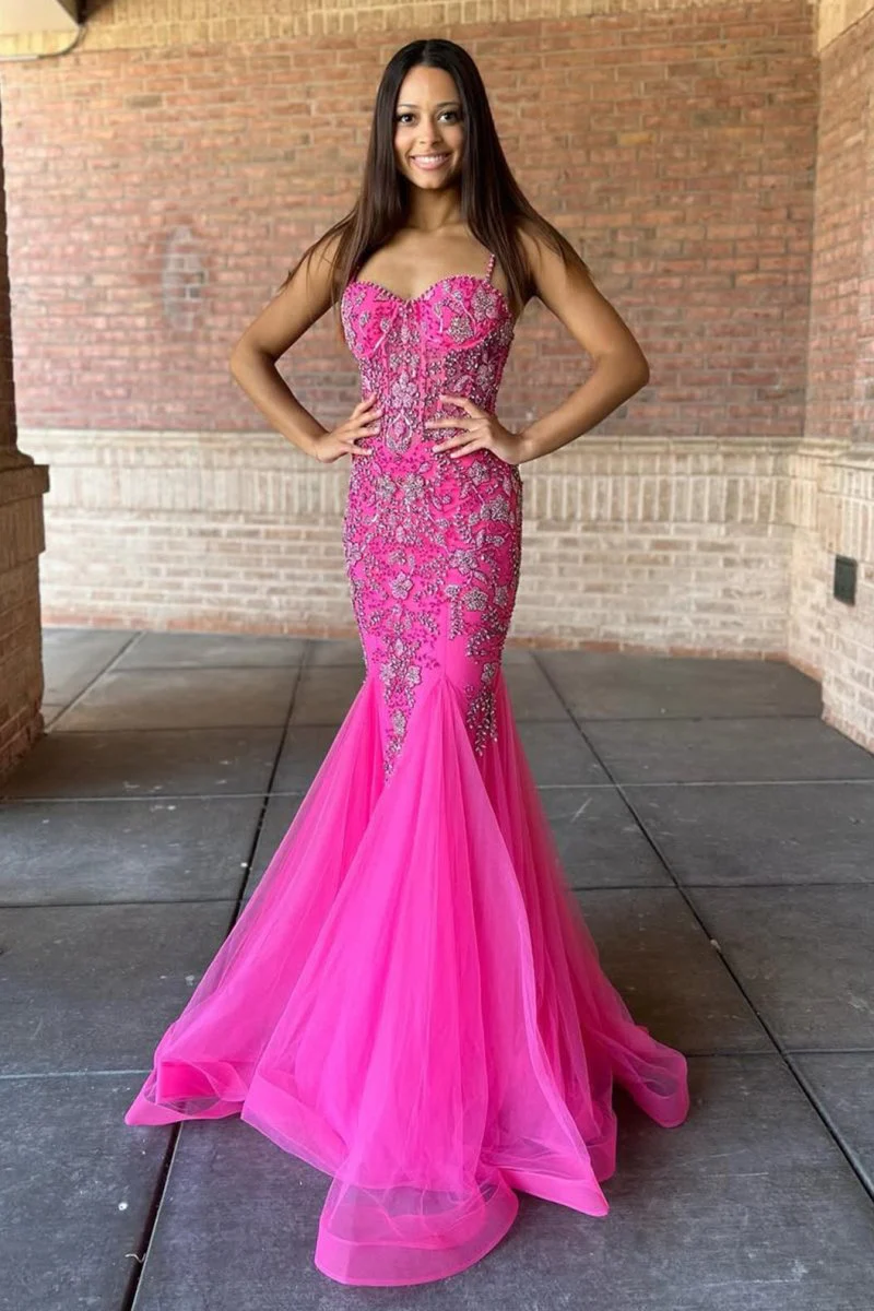 Oakleigh | Pink Beaded Spaghetti Strap Trumpet Long Gown