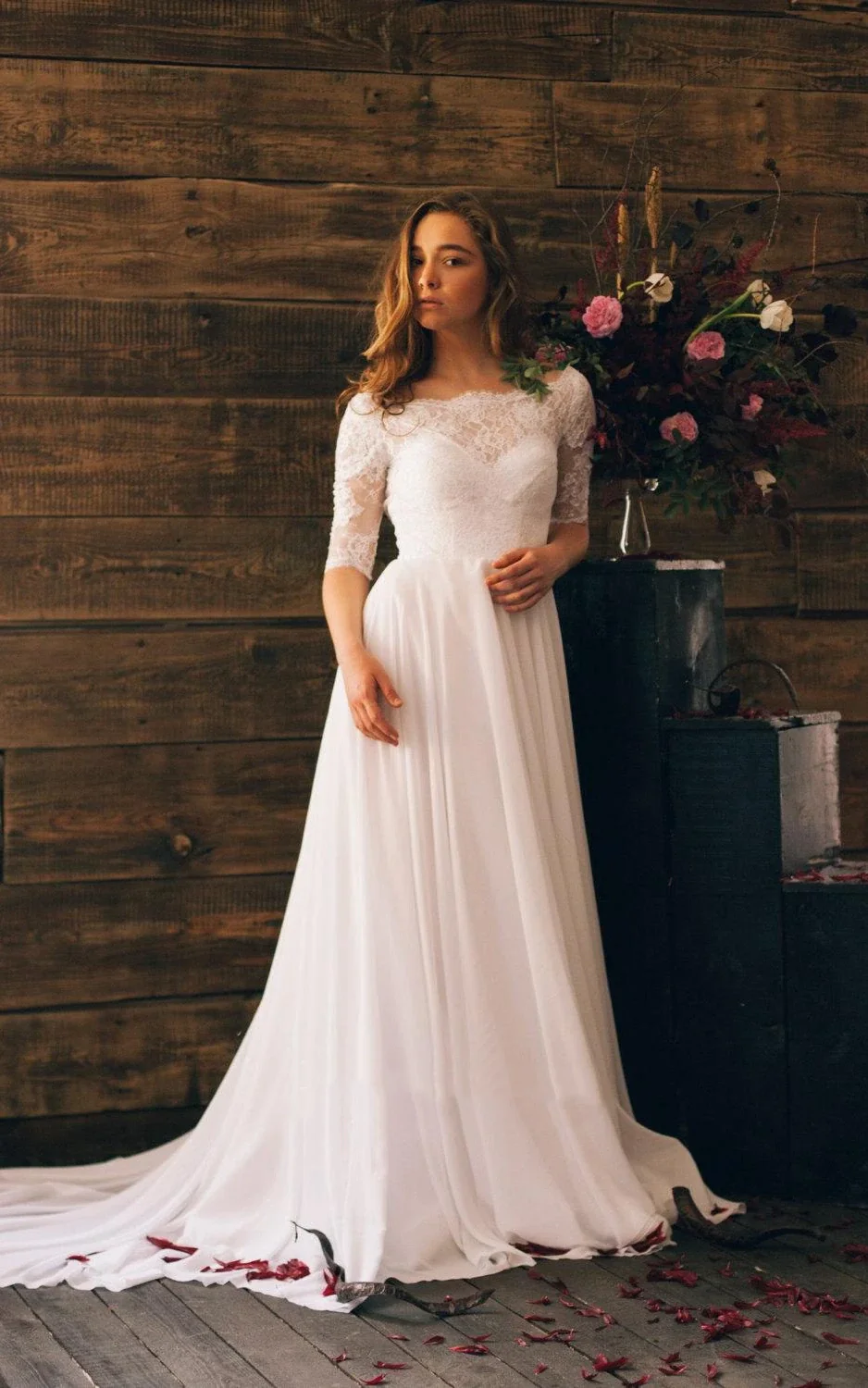 Romantic Style 3/4 Sleeve Long Chiffon Dress With Lace Bodice