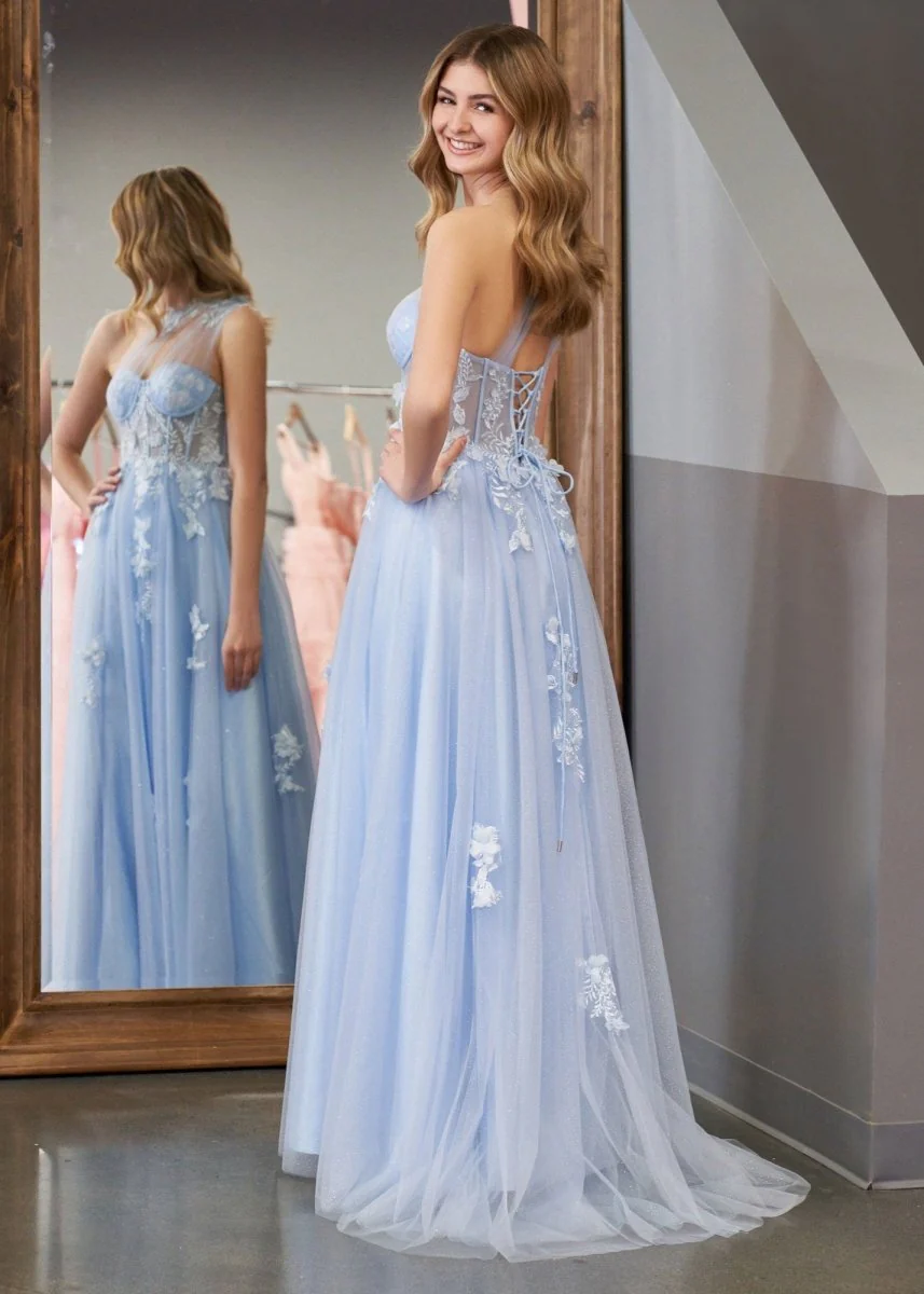 A Line One Shoulder Black Long Prom Dress with Appliques