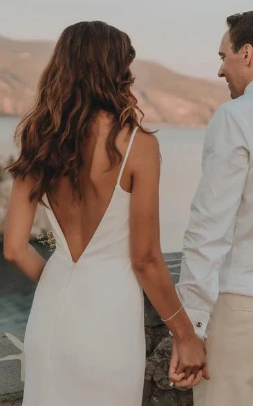 Simple Mermaid Satin Wedding Dress With Split Front And Deep-V Back