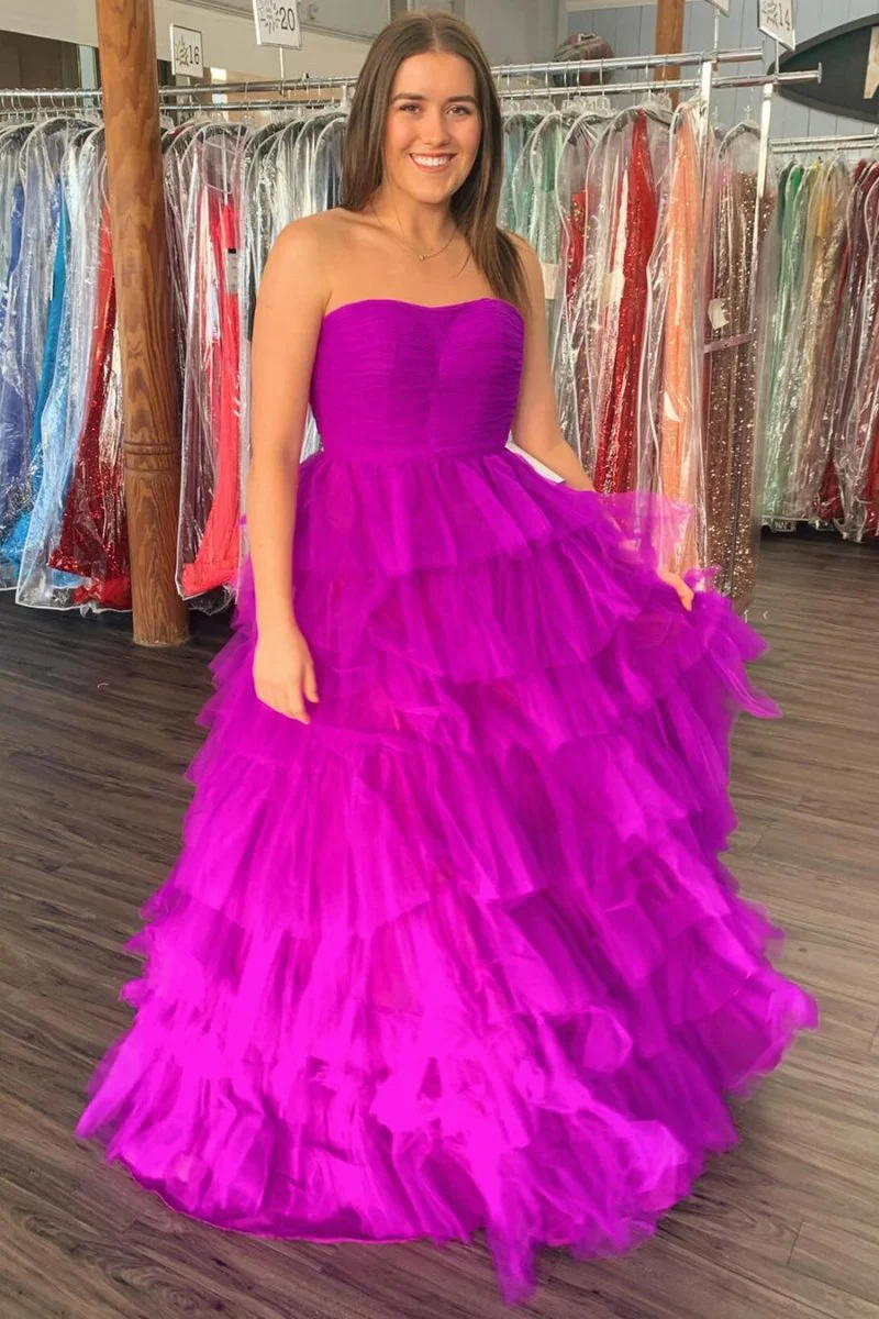Daleyza |A-Line Strapless Tiered Tulle Prom Dress with Ruffles