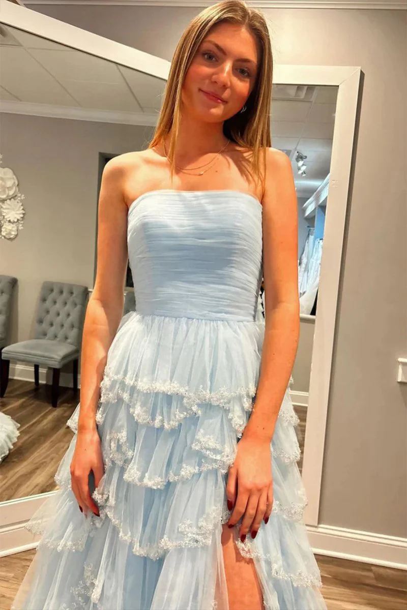 Braelyn | Light Blue Strapless Layered Tulle Prom Dress with Sequins