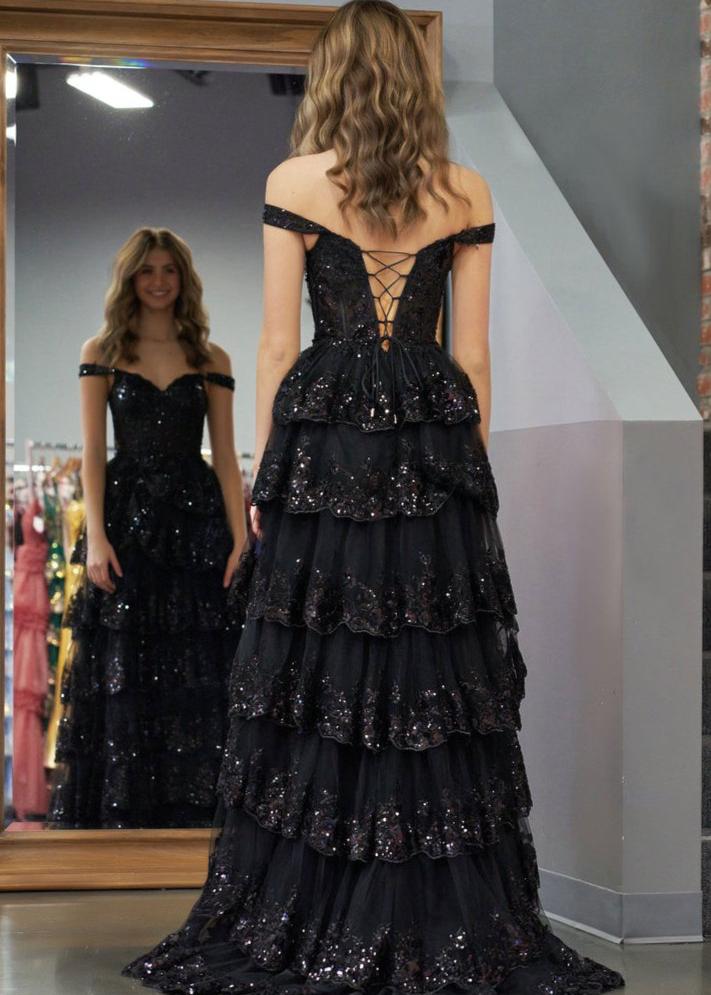 Capri | A-Line Lace Off-the-Shoulder Tiered Long Prom Dress with Slit