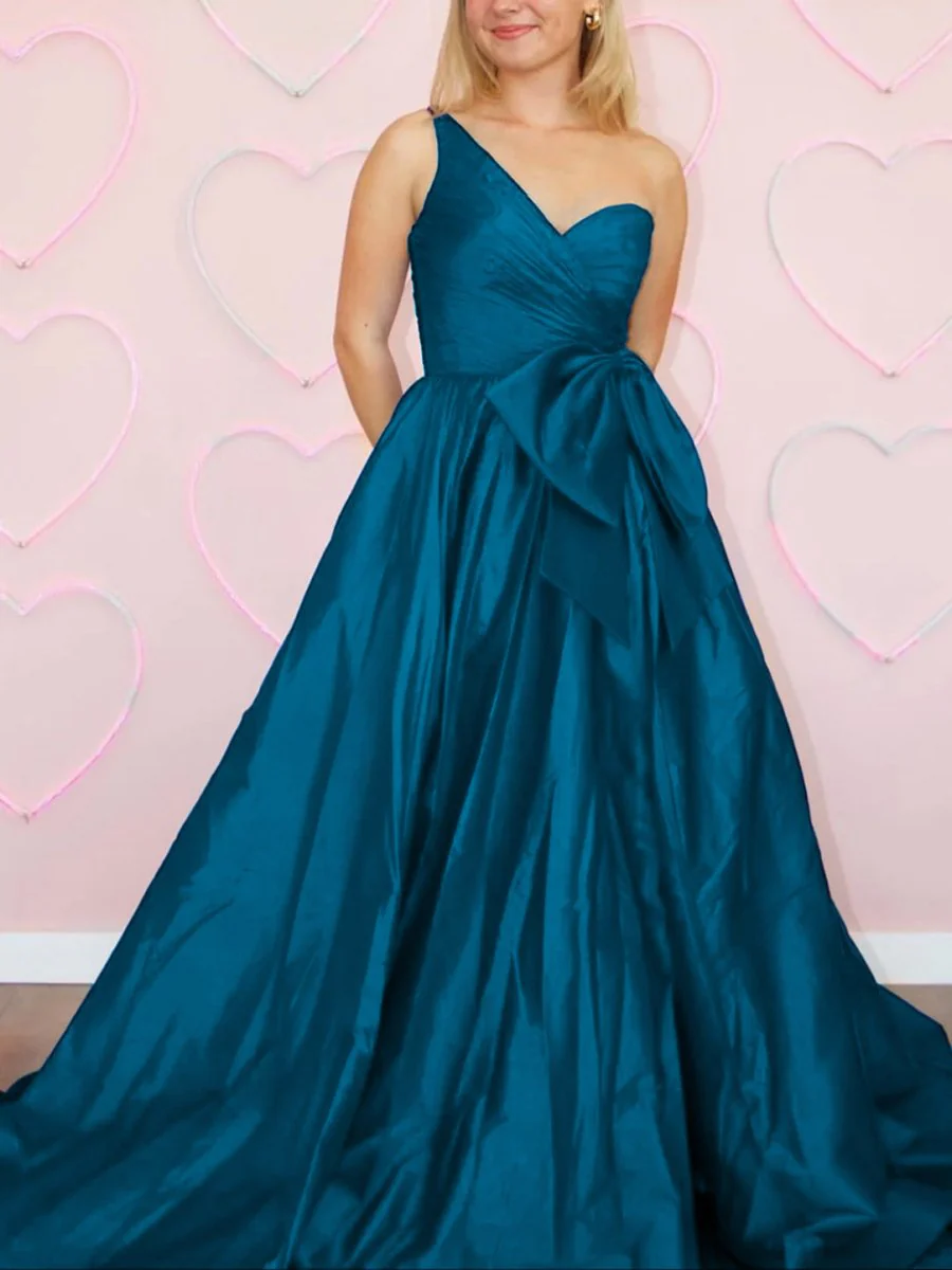 Elvinia | One Shoulder Satin A Line Prom Dress With Bow