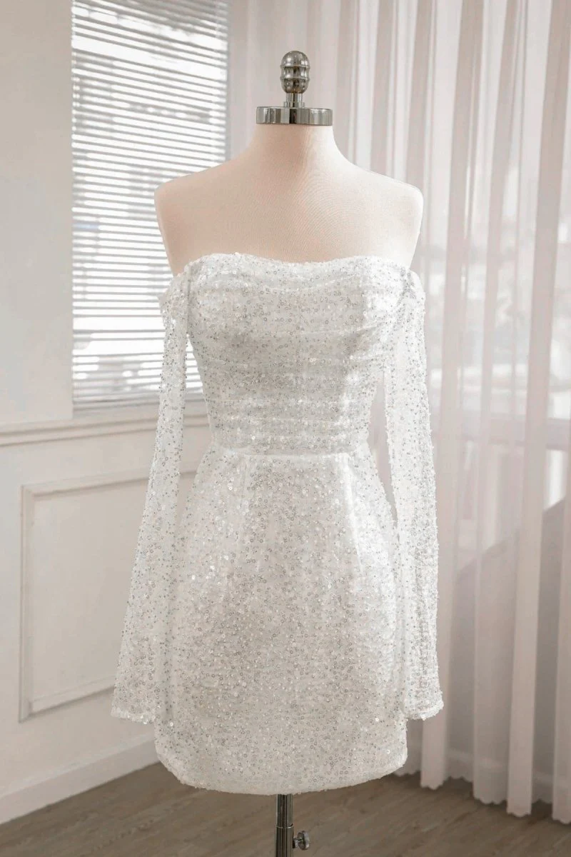 Aelia | Chic Short Sequined Backless Wedding Dress With Long Detachable Sleeves