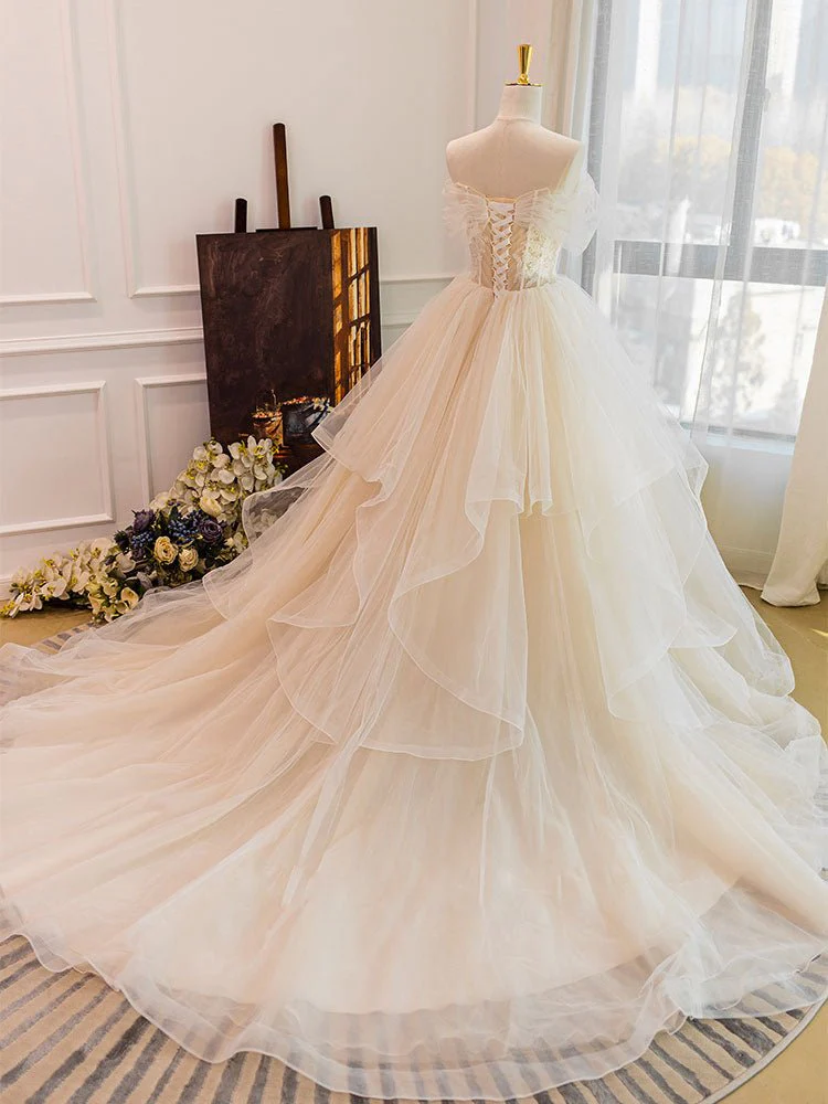 Vivienne | Champagne Tulle Lace Wedding Dress With Sweep Train