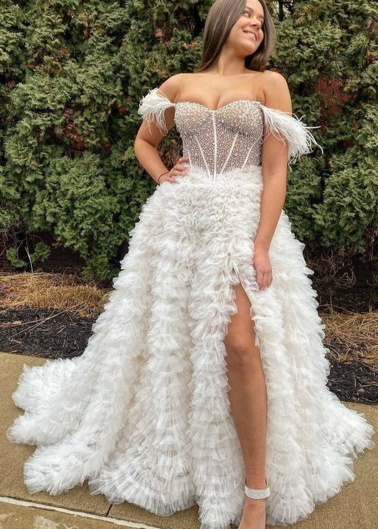 Astrid |A Line Off the Shoulder Tiered Tulle Prom Dress With Slit