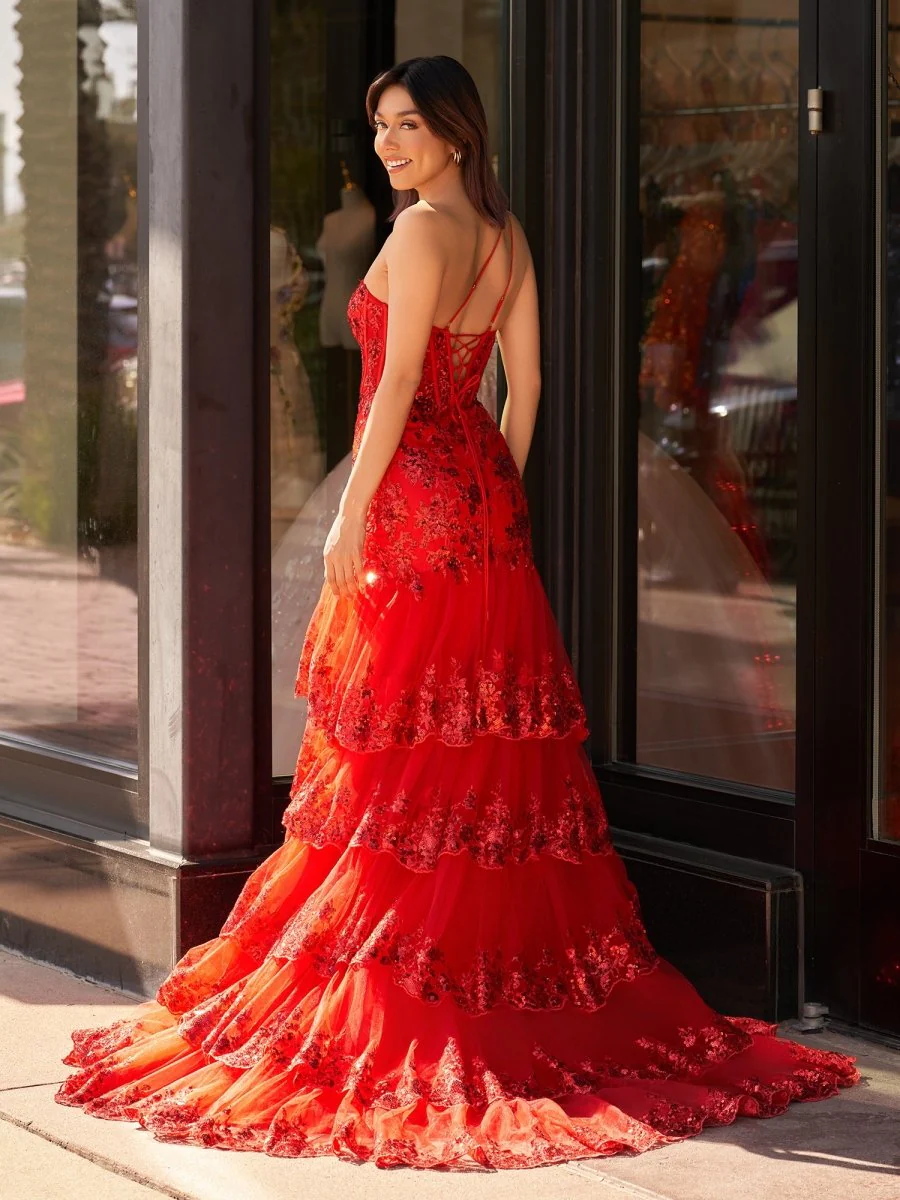 Andrea |Sheath One Shoulder Tiered Lace Long Prom Dress