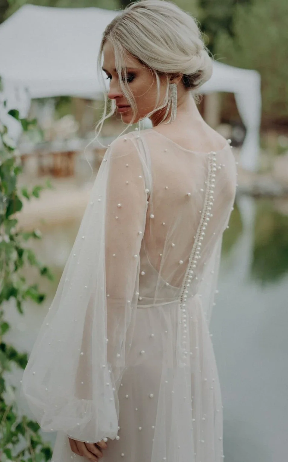 Franceska | Simple Modest A-Line Long Sleeve Tulle Elopement Illusion Wedding Dress with Pearl