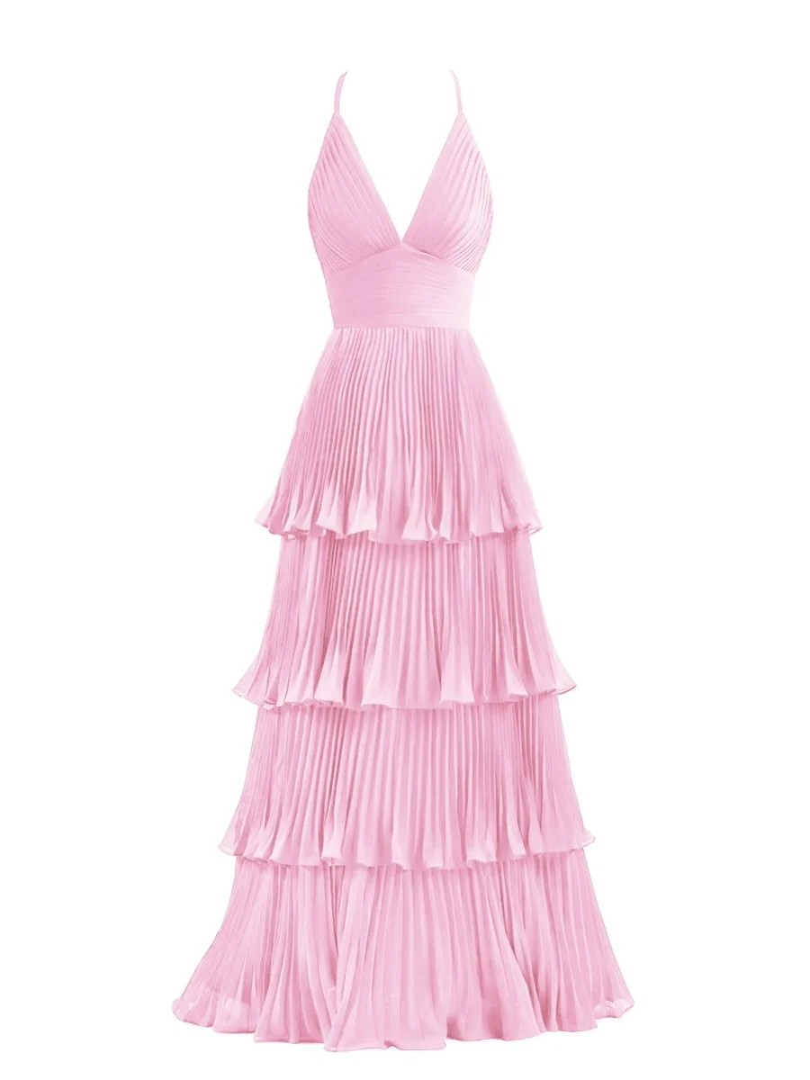 Dark Green A-Line Tiered Floor Length Chiffon Bridesmaid Dress