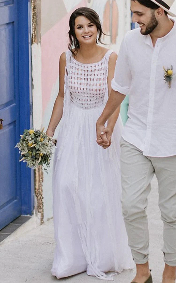 Casual A-Line Bateau Lace Tulle Wedding Dress With Open Back And Lace