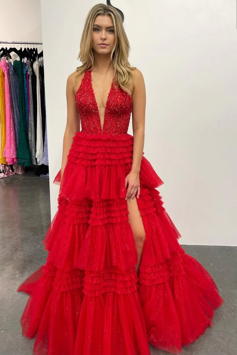 Morton|Red Tulle Appliques Halter Ruffle Tiered Ball Gown