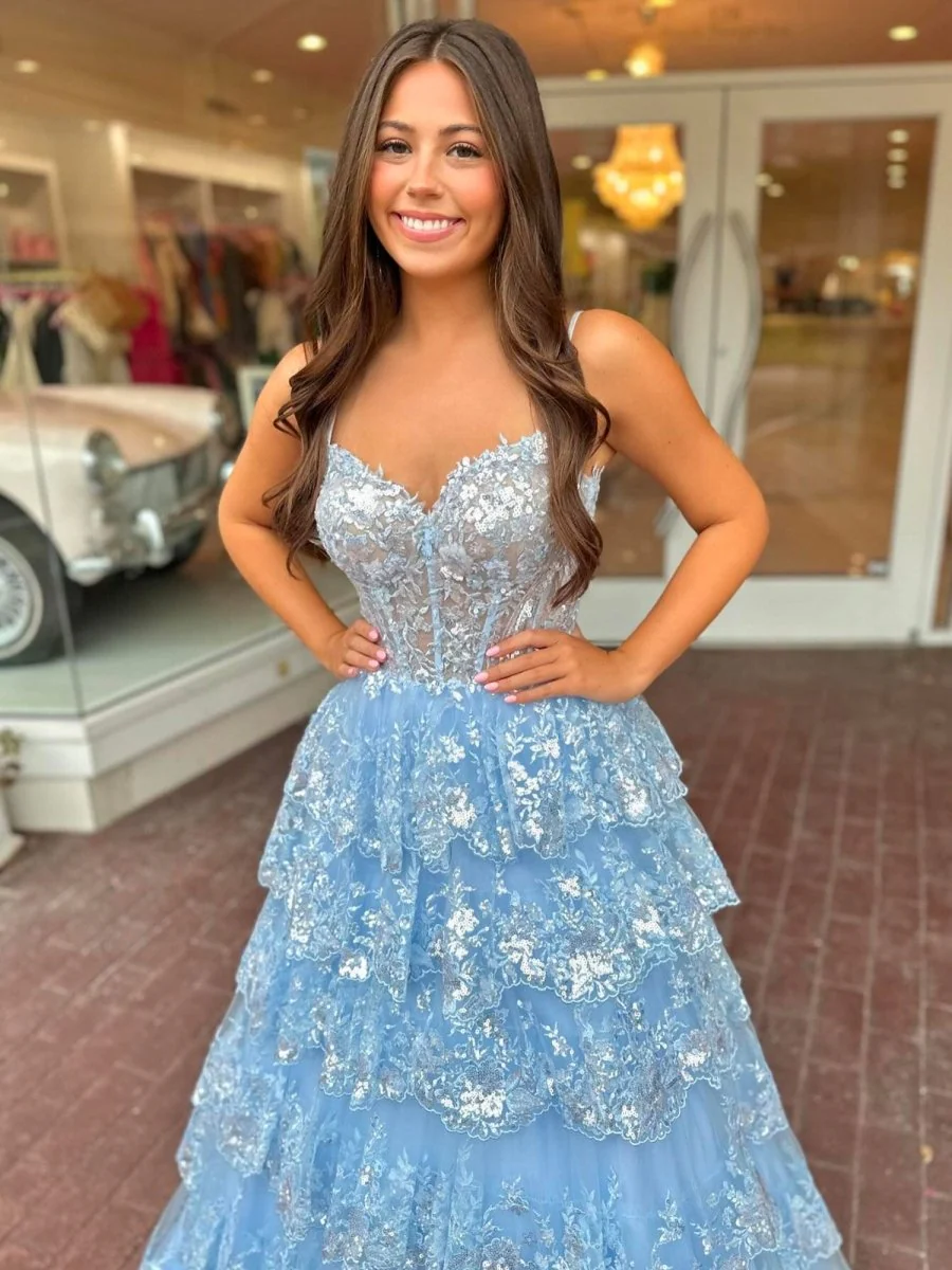 Maryam |A Line Spaghetti Straps Tiered Lace Prom Dress