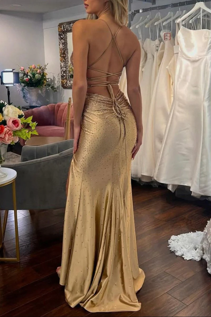 Jean | Sexy Mermaid V Neck Satin Slit Prom Dress with Hot Stone