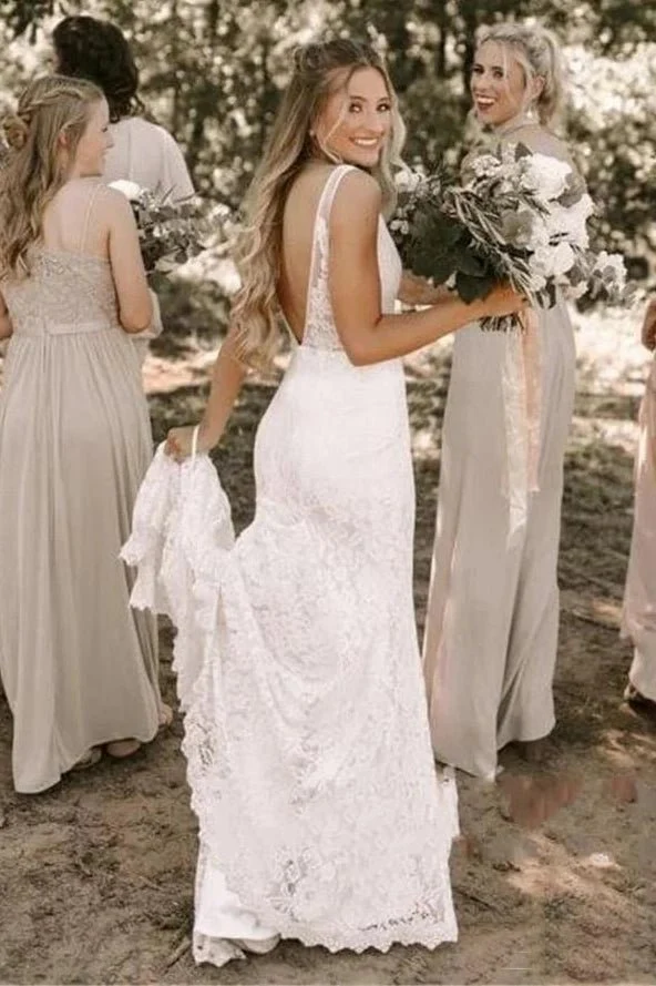 Simple Lace Sleeveless Deep-V Back Bridal Gown with Sweep Train