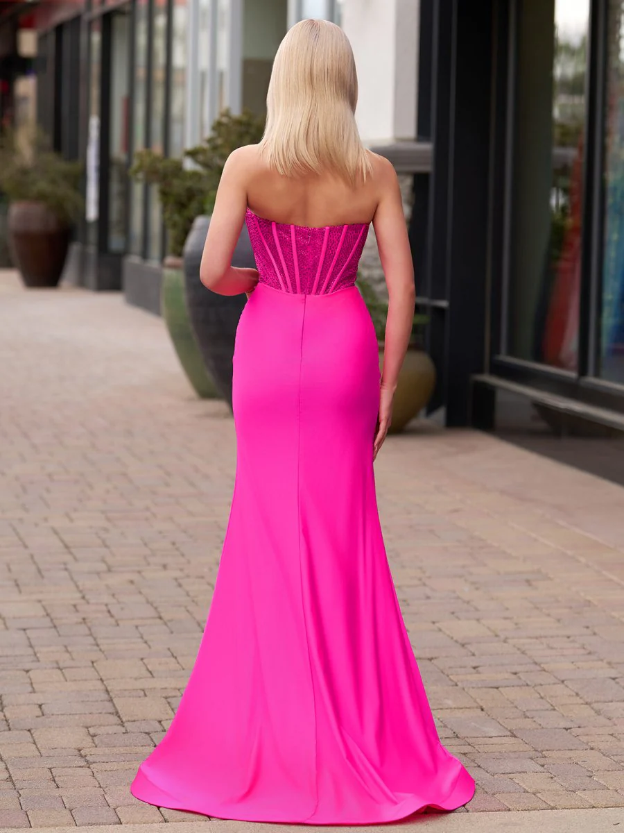 Arana| Fuchsia Mermaid Strapless Satin Long Prom Dresses With Beading