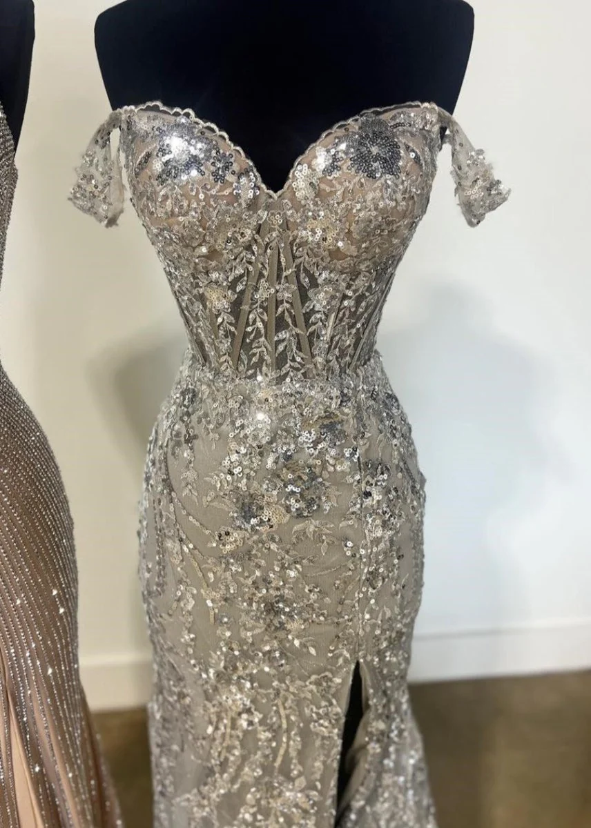 Soleil | Gold Sequin Lace Off the Shoulder Mermaid Prom Dress