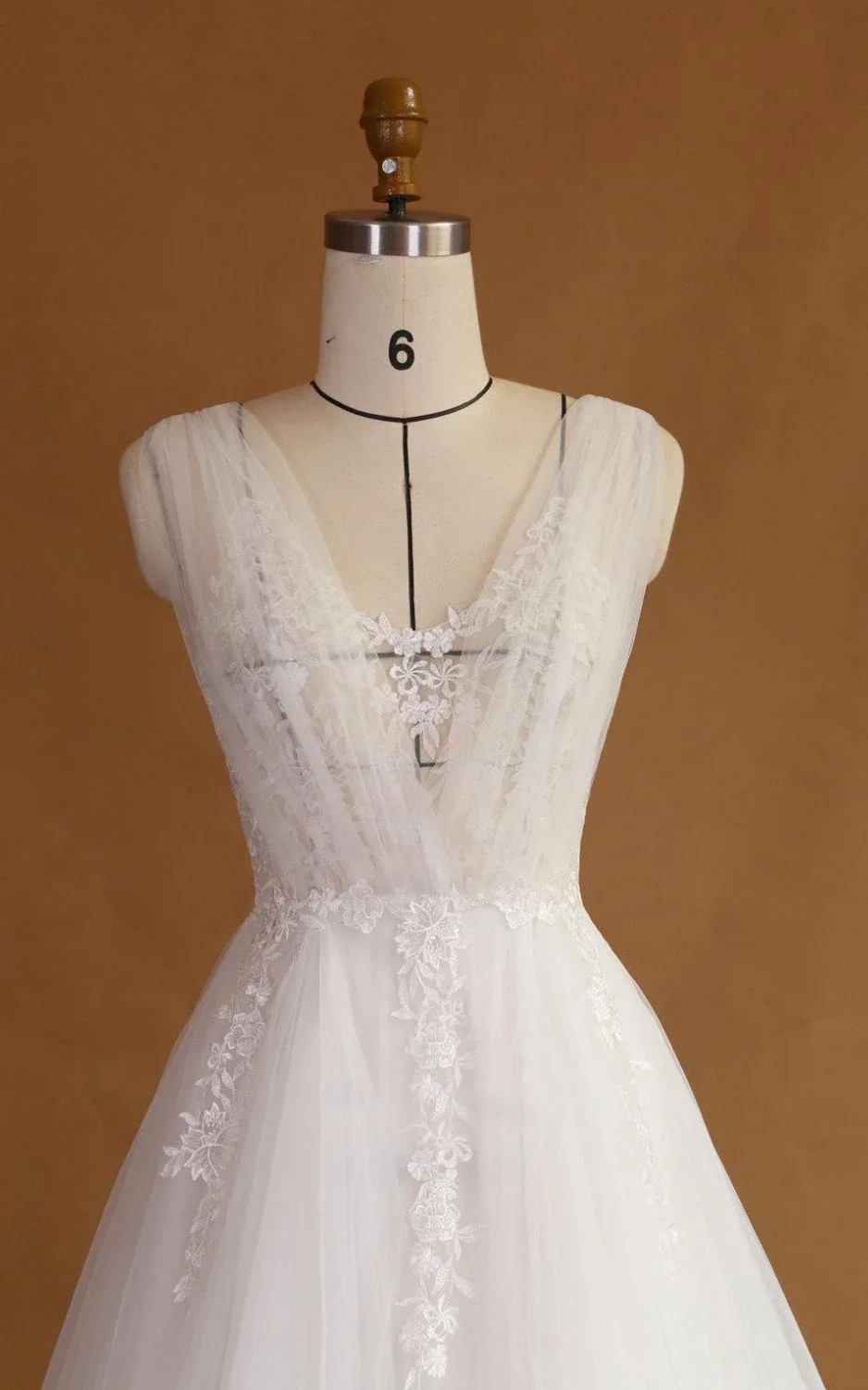 A-Line Strapped V-Neck Lace Satin Dress With Appliques Low-V Back