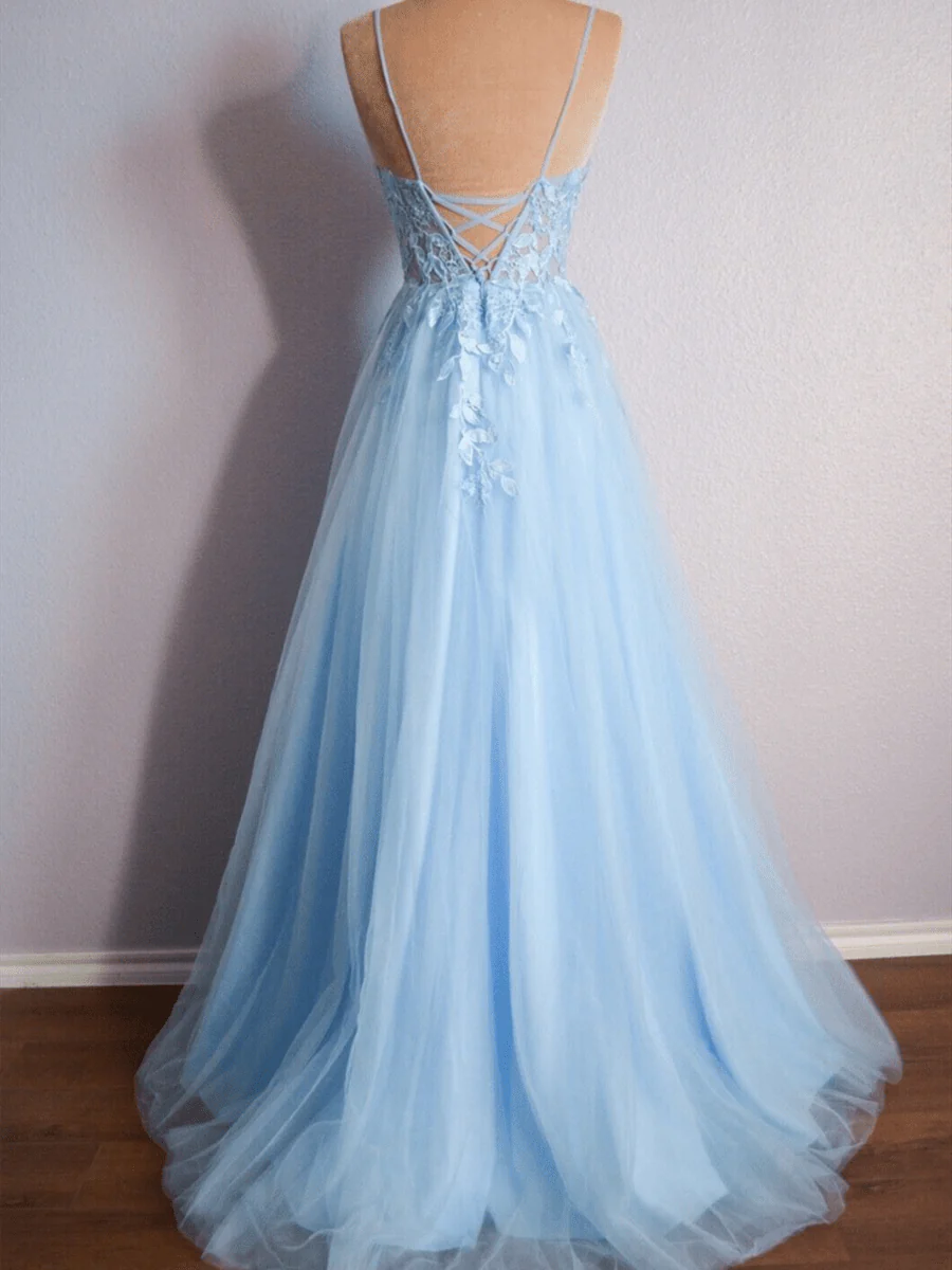 Cynthia | Light Blue V Neck Lace-Up Appliques Tulle Long Prom Dress