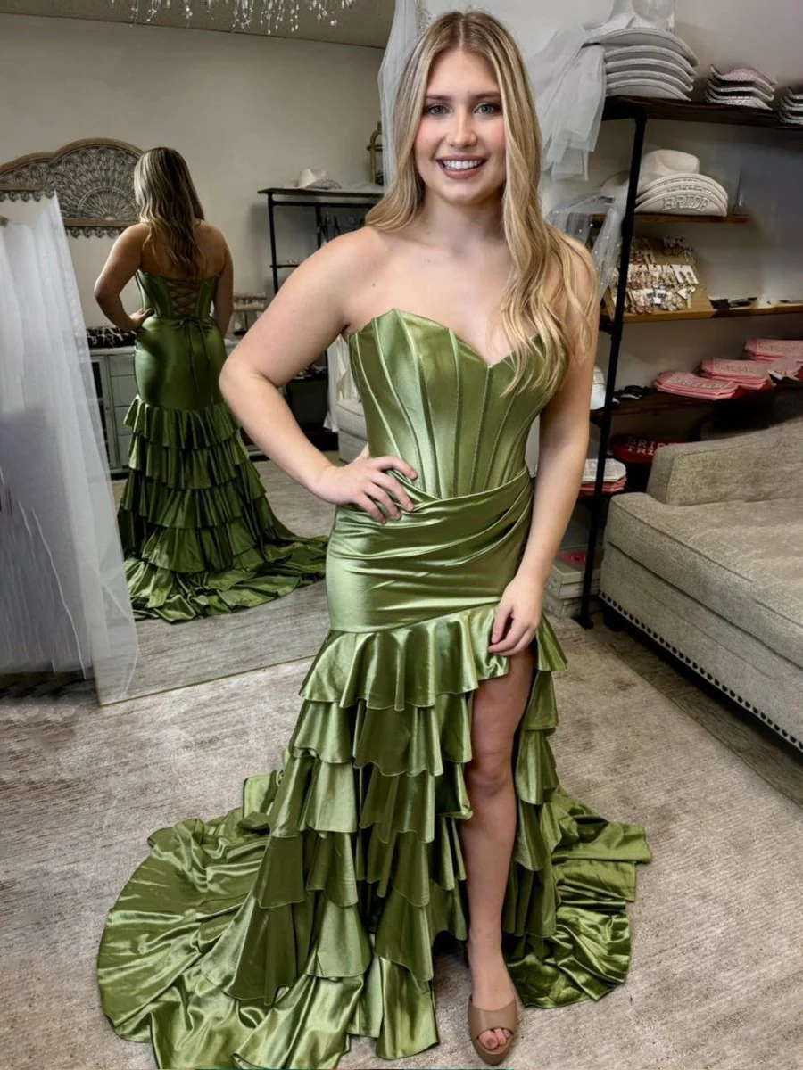 Diya | Mermaid Strapless Satin Ruffle Long Prom Dress With Split