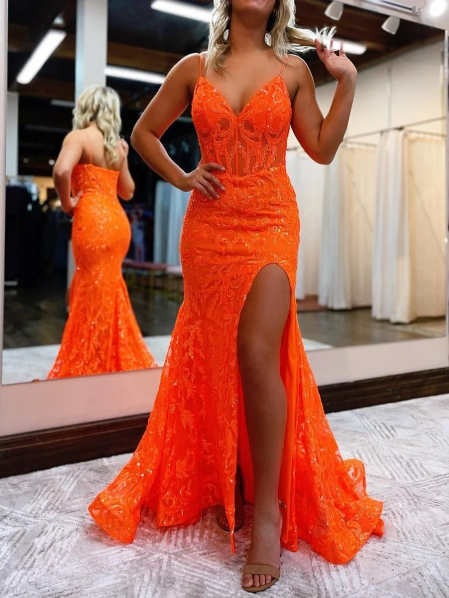 Lakelynn |Mermaid Spaghetti Straps Sequined Lace Prom Dress