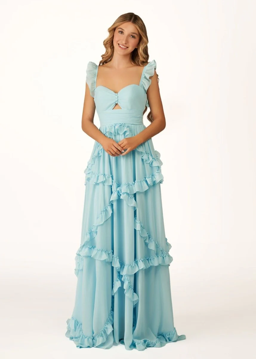Hubery | A-Line Straps Sky Blue Chiffon Ruffles Long Prom Dress