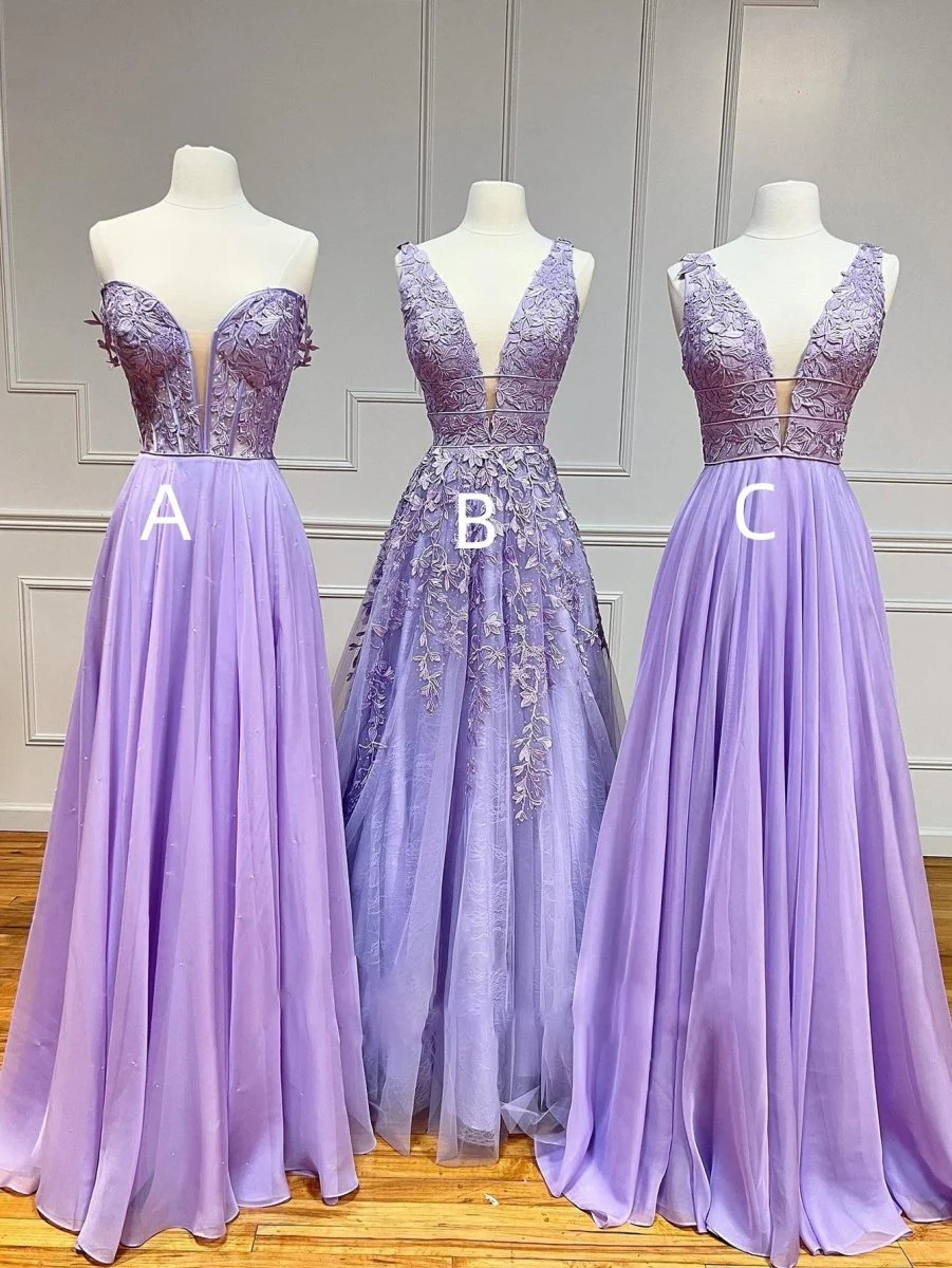 Aniyah |A Line Plunge V Neck Lace Chiffon Prom Dress