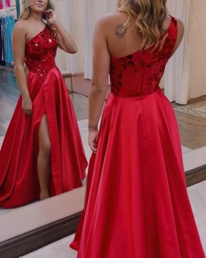 Magnolia |A Line One Shoulder Sequins Long Prom Dress with Slit