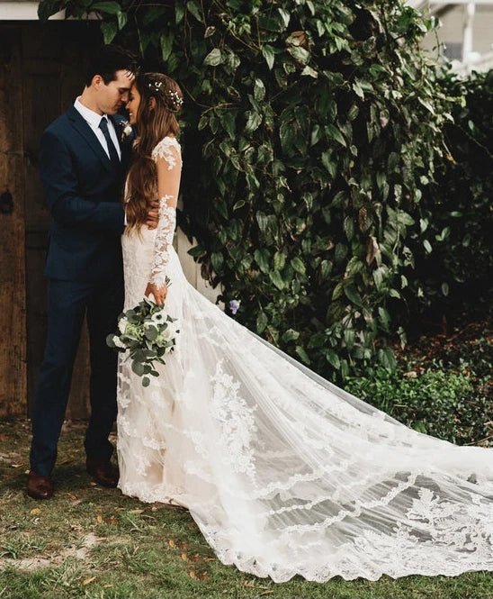 Brilliant Lace Bohemian Deep-V Back Cathedral Train Wedding Dress