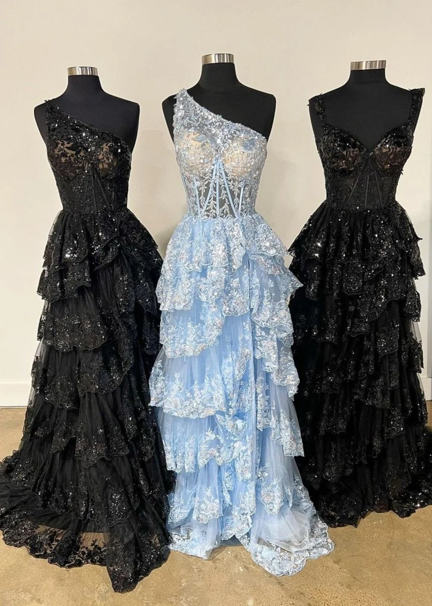 Livia |Sheath One Shoulder Tiered Lace Long Prom Dress