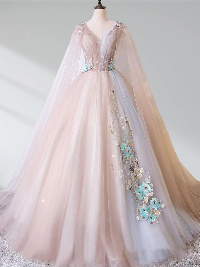 A Line Tulle Khaki Embroidery Appliqued Long Dresses