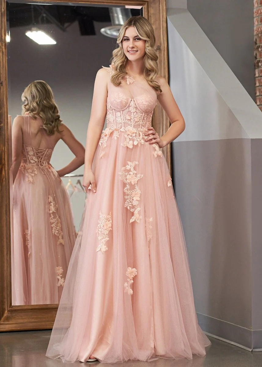 A Line One Shoulder Black Long Prom Dress with Appliques