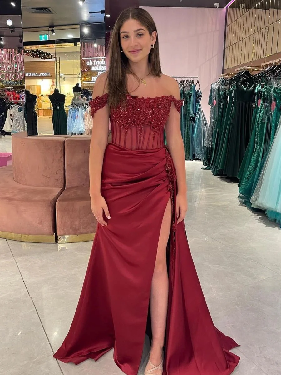 Korla | Off the Shoulder Satin Beaded Prom Dress With Appliques