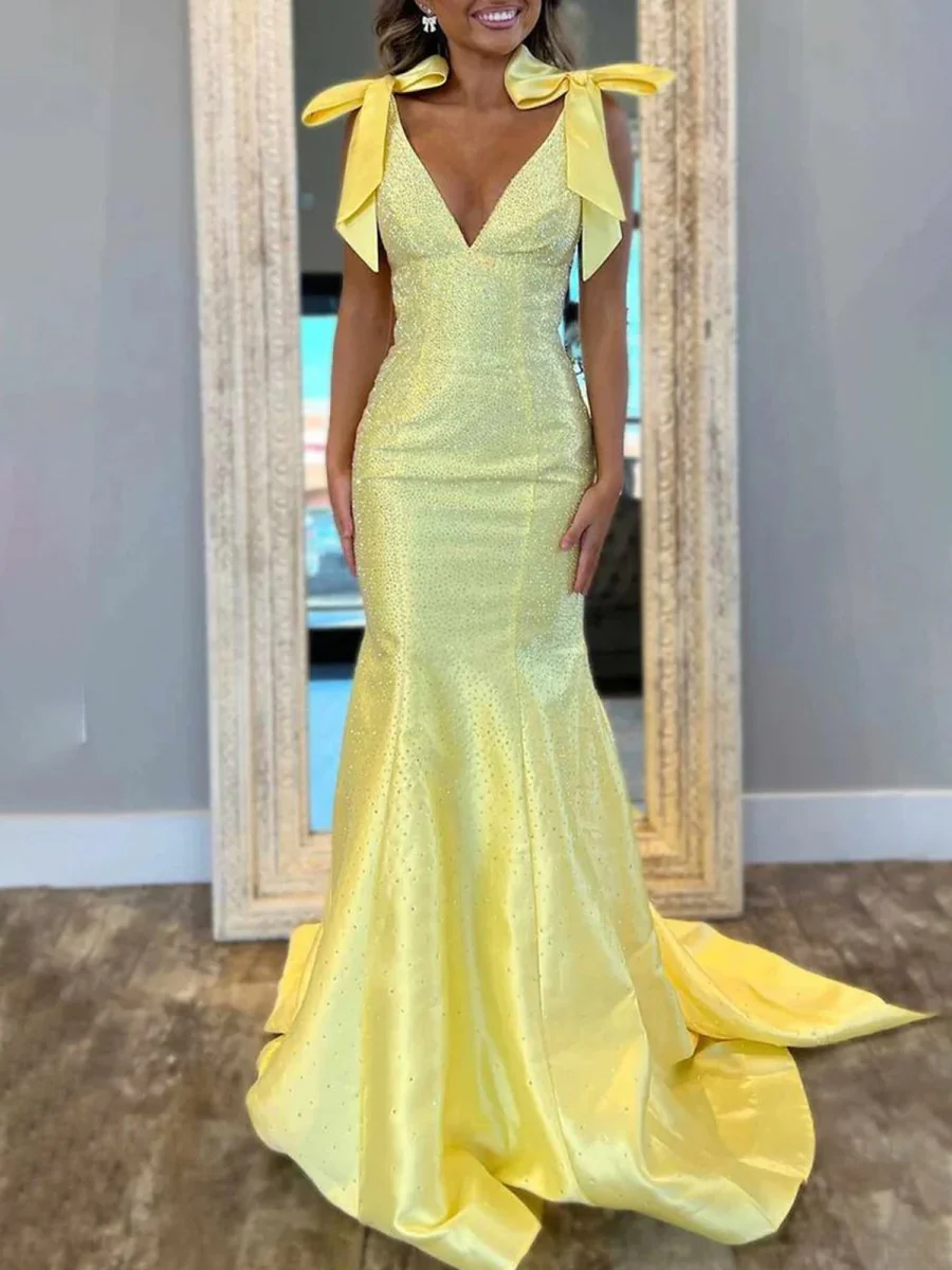 Kycera | Sky Blue V Neck Mermaid Satin Long Prom Dress With Bow