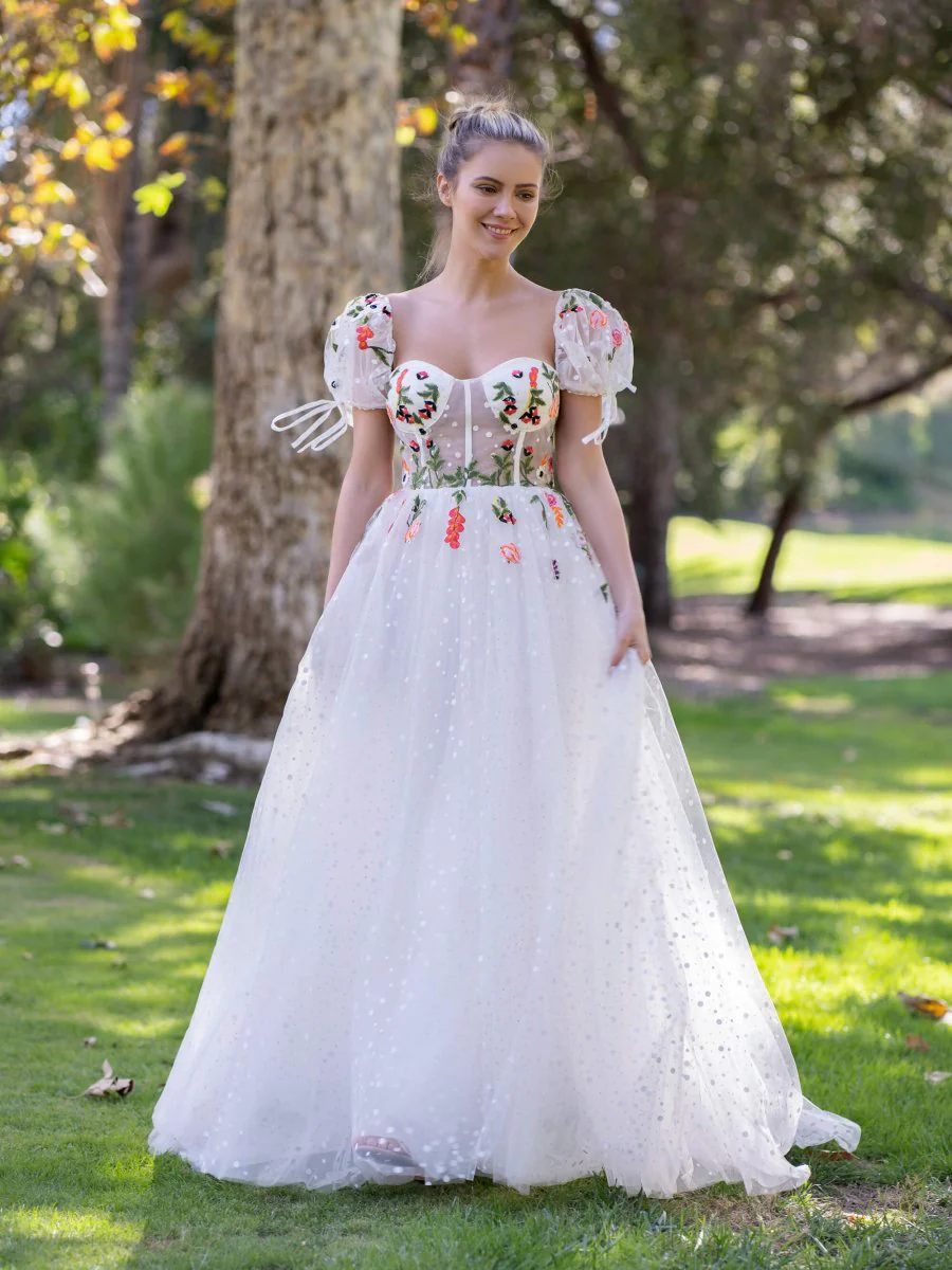 Corset Embroidered Tulle Sweep Train Prom Dress