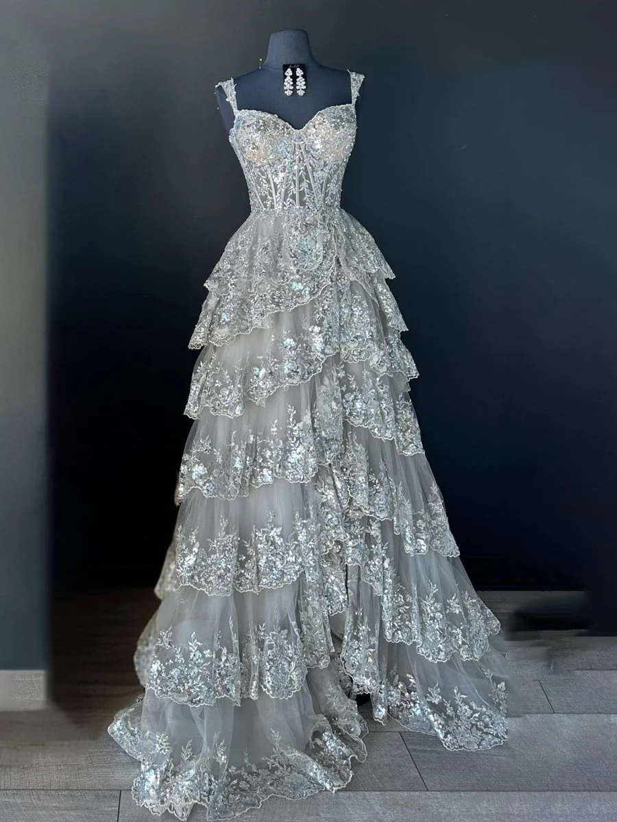 Capri | A-Line Lace Off-the-Shoulder Tiered Long Prom Dress with Slit