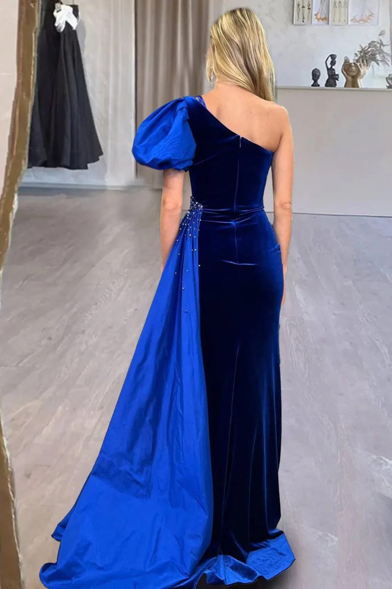 Jazmine | Royal Blue Velvet One-Shoulder Long Formal Dress with Attached Train