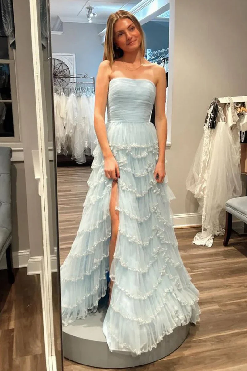 Braelyn | Light Blue Strapless Layered Tulle Prom Dress with Sequins