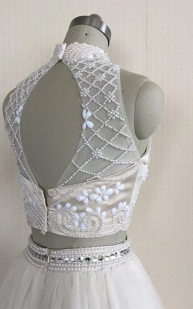 Two Piece High Neck Sleeveless Tulle Dress With Beading