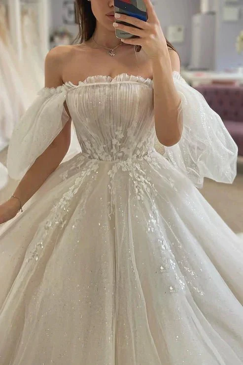 Glitter Tulle A-Line Off-Shoulder Appliques With Train Sheer Wedding Dress