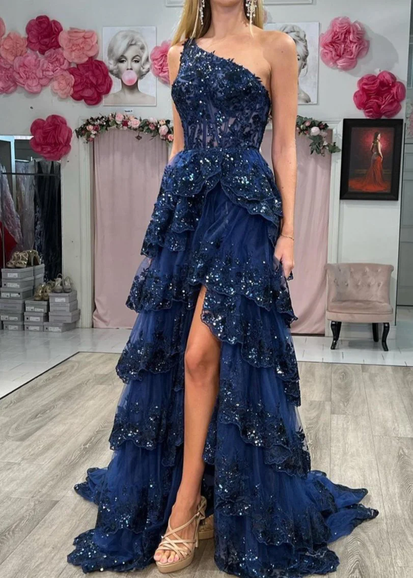 Livia |Sheath One Shoulder Tiered Lace Long Prom Dress