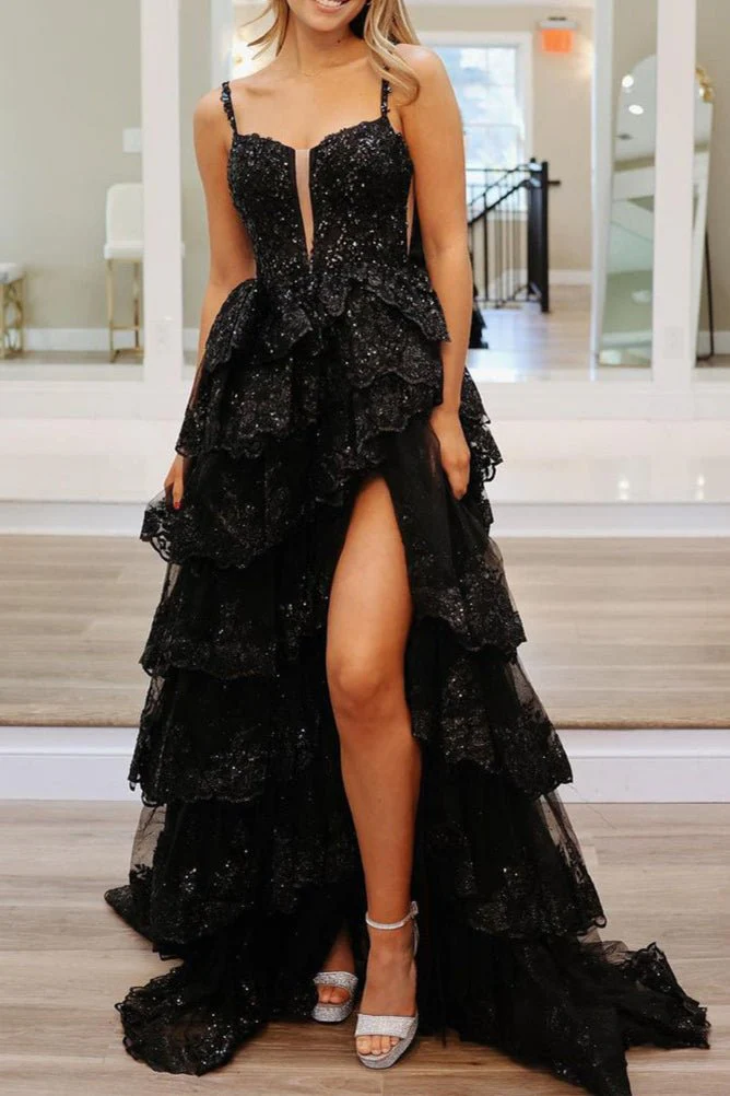 Martha | Straps Fuchsia Sequin Layered Formal Dress with Slit