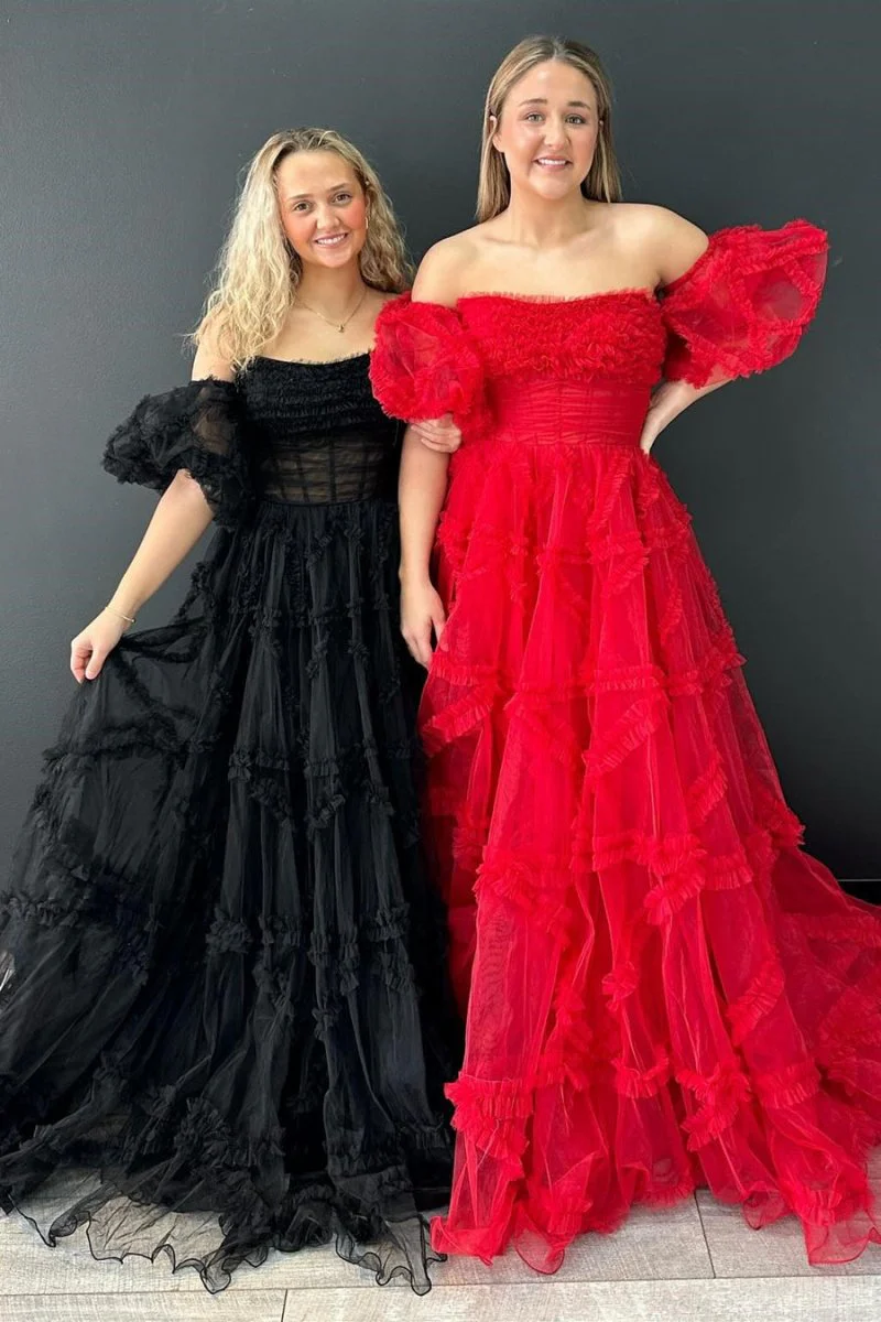 Lainey |A-Line Strapless Ruffles Long Formal Dress with Puff Sleeves