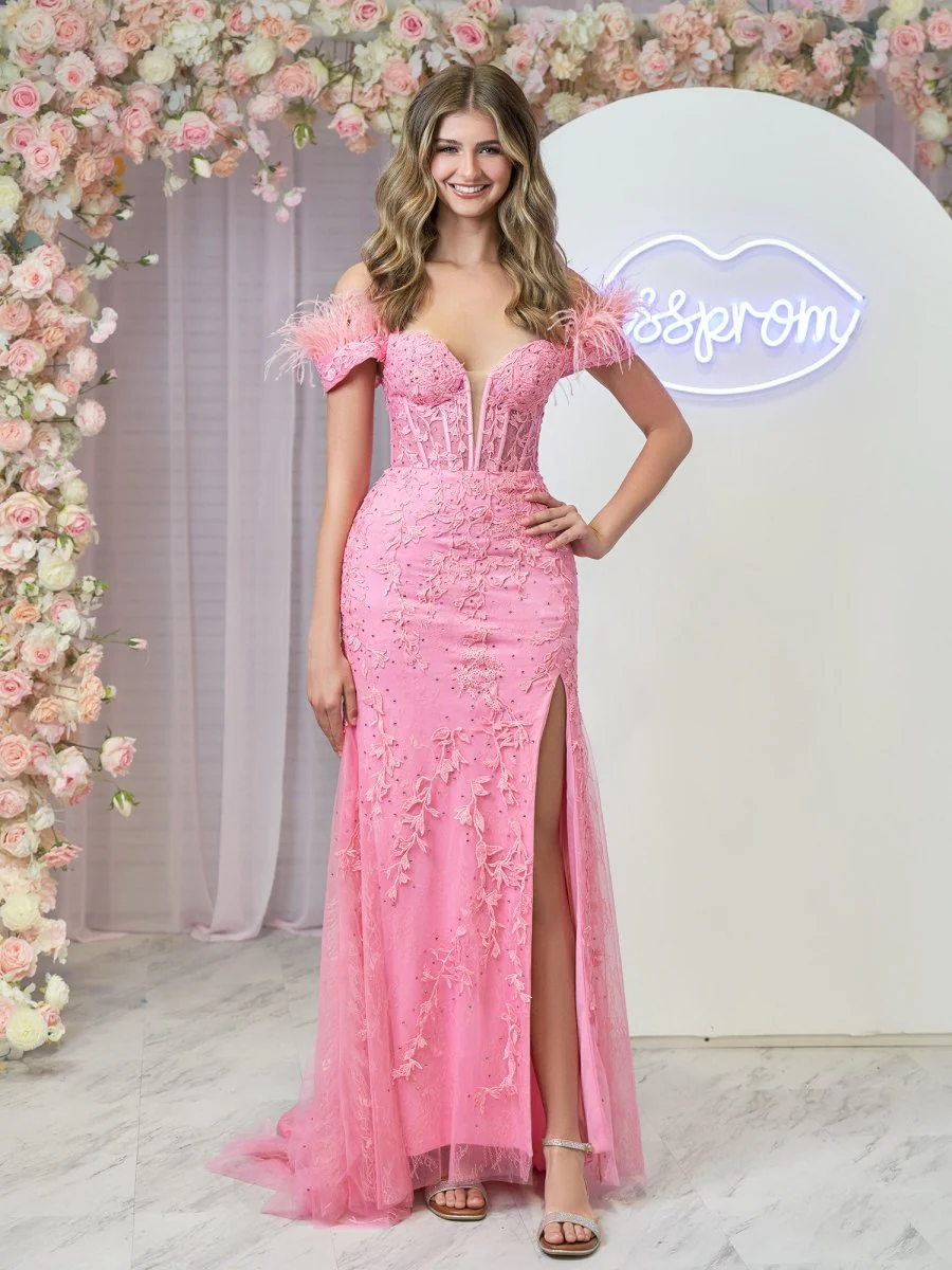 Elaina |Mermaid Deep V Neck Feather Lace Long Prom Dress