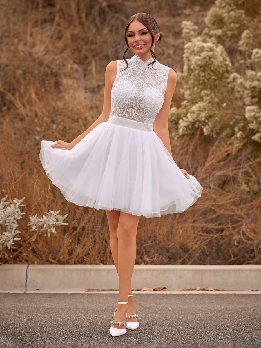 Mini Knee-Length Tulle Lace Dress With Beading Keyhole Back