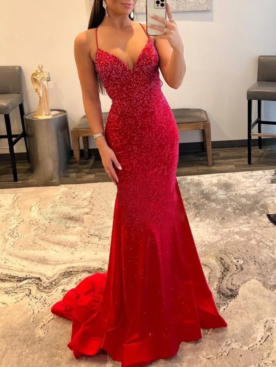 Malia |Mermaid V Neck Glitter Satin Prom Dress